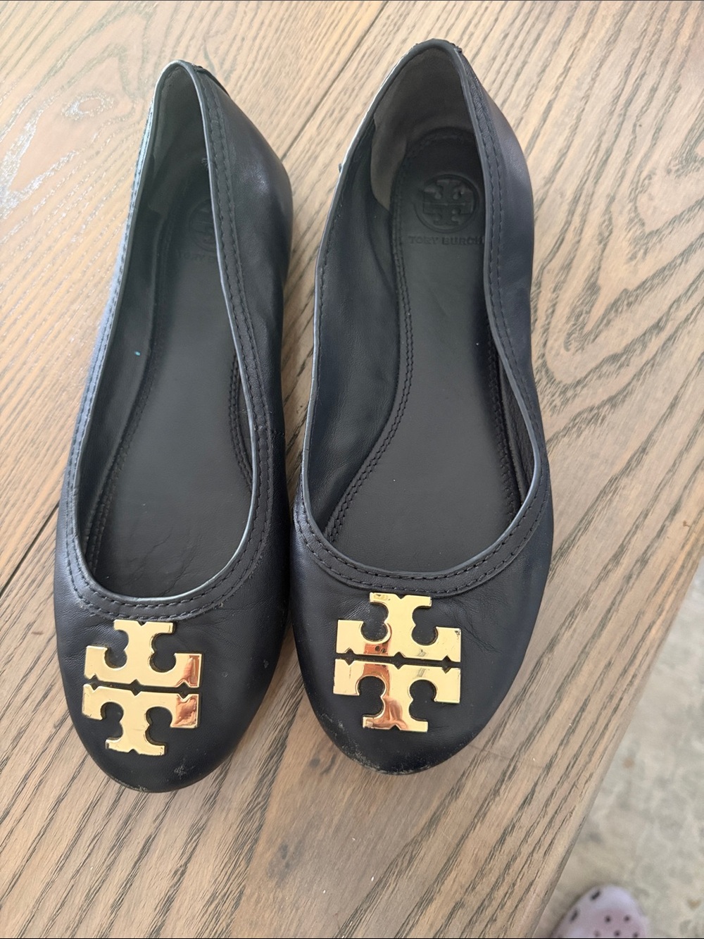 Tory Burch Black Leather Flats with Gold Logo